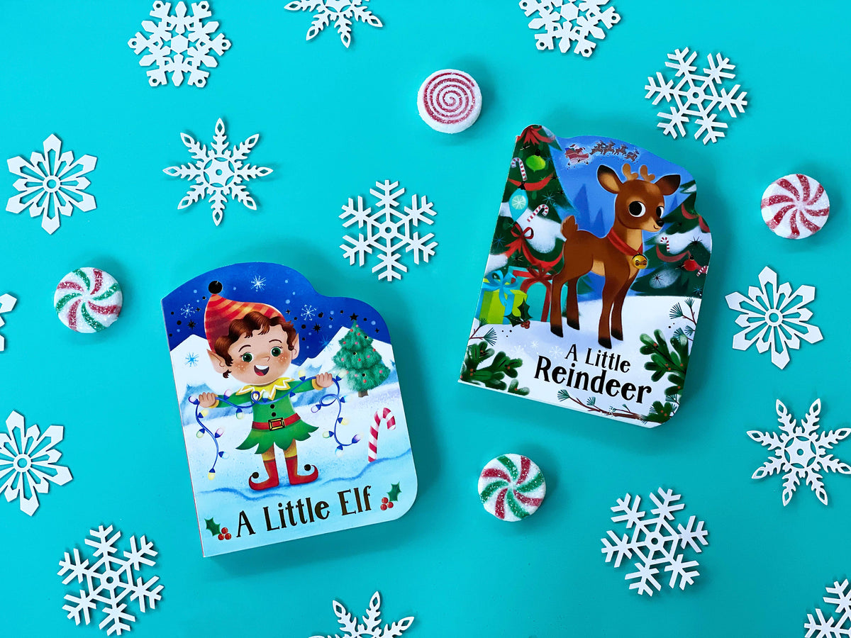 Three board books titled A Little Elf, A Little Reindeer, and Santa’s Sleigh surrounded by snowflake cutouts and peppermint candies on a teal background.