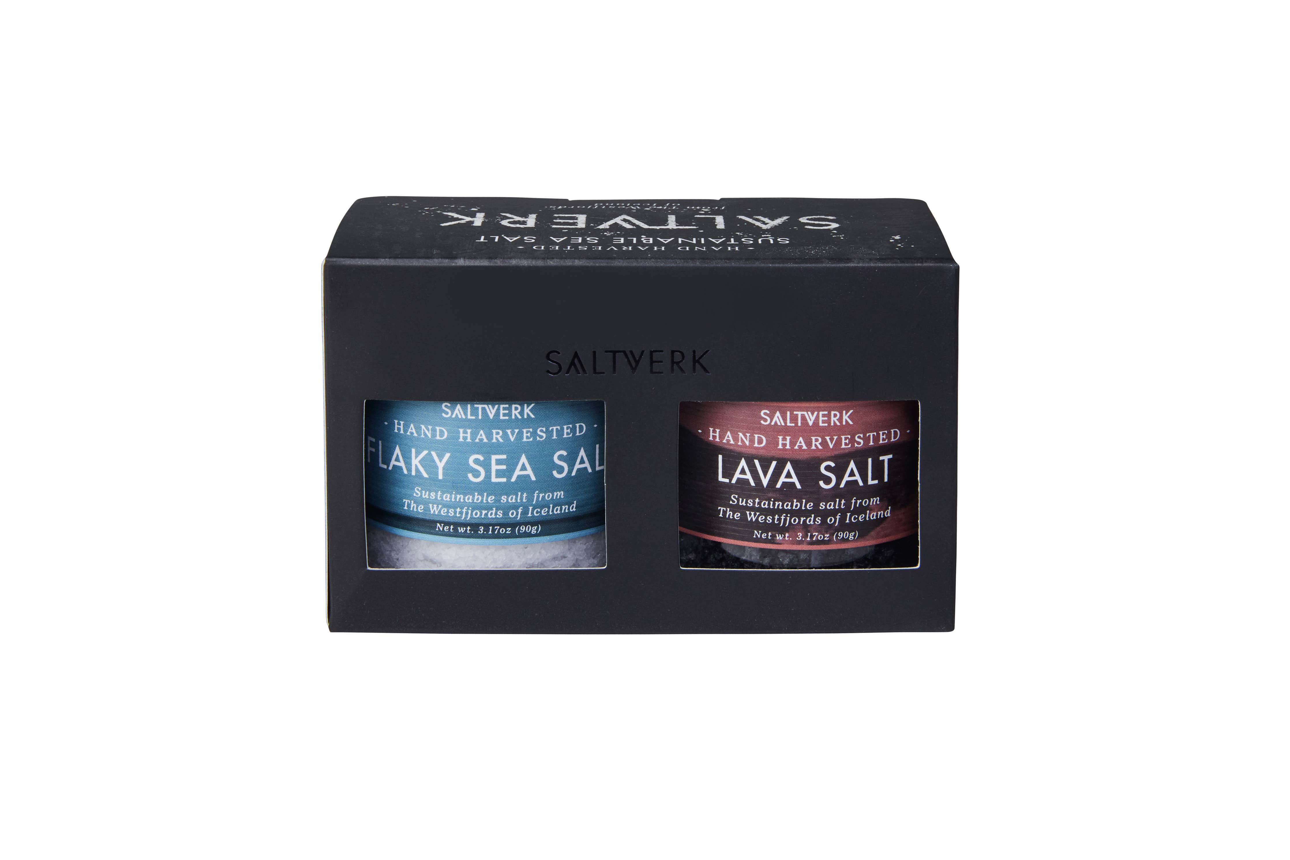 The SALTVERK Gift Set includes two Icelandic sea salts—Flaky Sea Salt and Lava Salt—in a black box with cut-out windows, making it an ideal gift for sea salt lovers.