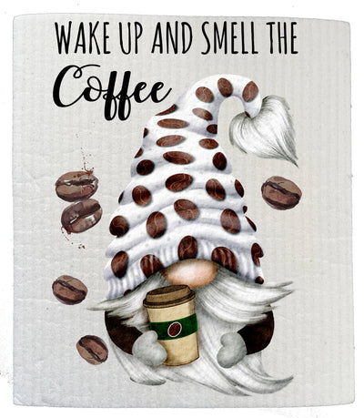 The Dish Cloth: Gnome Wake Up Smell the Coffee Kitchen SWEDISH DISH CLOTH features a gnome with a coffee bean-patterned hat, holding a cup and surrounded by beans, with “Wake up and smell the coffee” on an ecofriendly Swedish dishcloth.