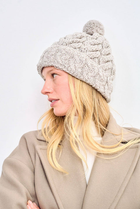 Hat: Clifden Cable Aran Hat with Pom Poms - Oat: One Size