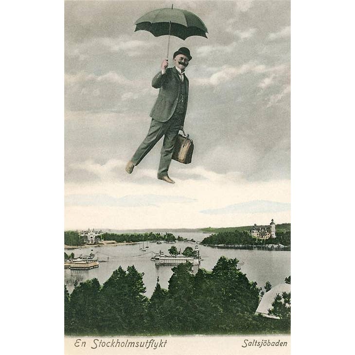 The Post Card: Man with Umbrella features a whimsical art piece showing a vintage illustration of a man holding an umbrella and briefcase as he surreally floats above a scenic view of Stockholm.