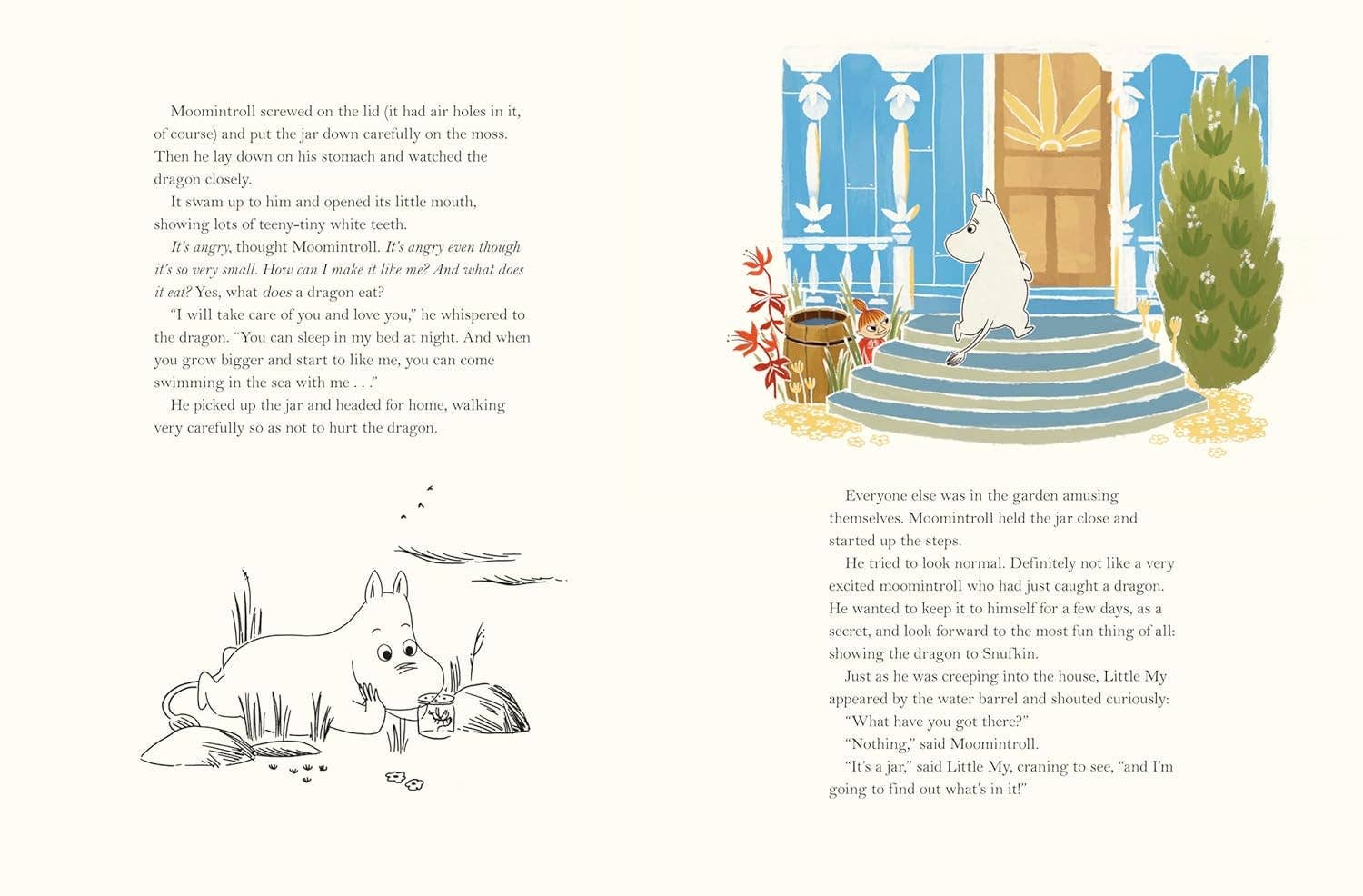 A two-page spread from Book: Last Dragon in Moominvalley by Tove Jansson—left page has a black-and-white creature examining an egg; right shows the colored Last Dragon on blue steps near a door, inspired by Jansson’s art.