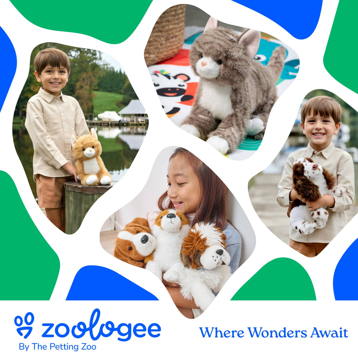 Children with stuffed animals, including a Golden Doodle plush. Zoologee logo and the tagline Where Wonders Await are shown underneath.