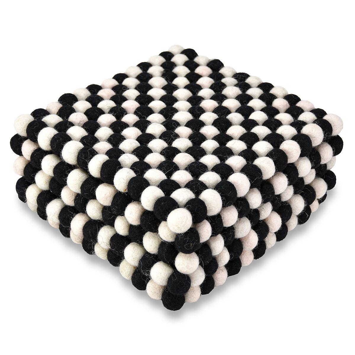 The Square Wool Felted Pom-pom Trivet from Nepal features a handcrafted checkered pattern using black, white, and gray wool felt balls.