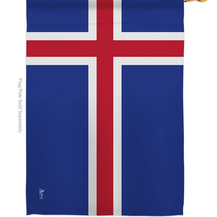The Flag: Iceland Garden Flag - Icelandic Nationality Decor Flag features a blue field with a white-bordered red cross, slightly off-center, made from weather-resistant fabric to celebrate Icelandic heritage.