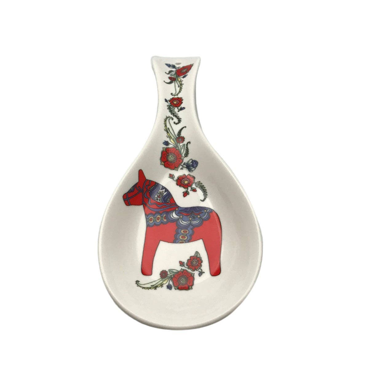 Spoon Rest: Swedish Red Dalarna Horse features a red Dala horse and kurbits floral patterns in blue, green, and red on a white ceramic base.