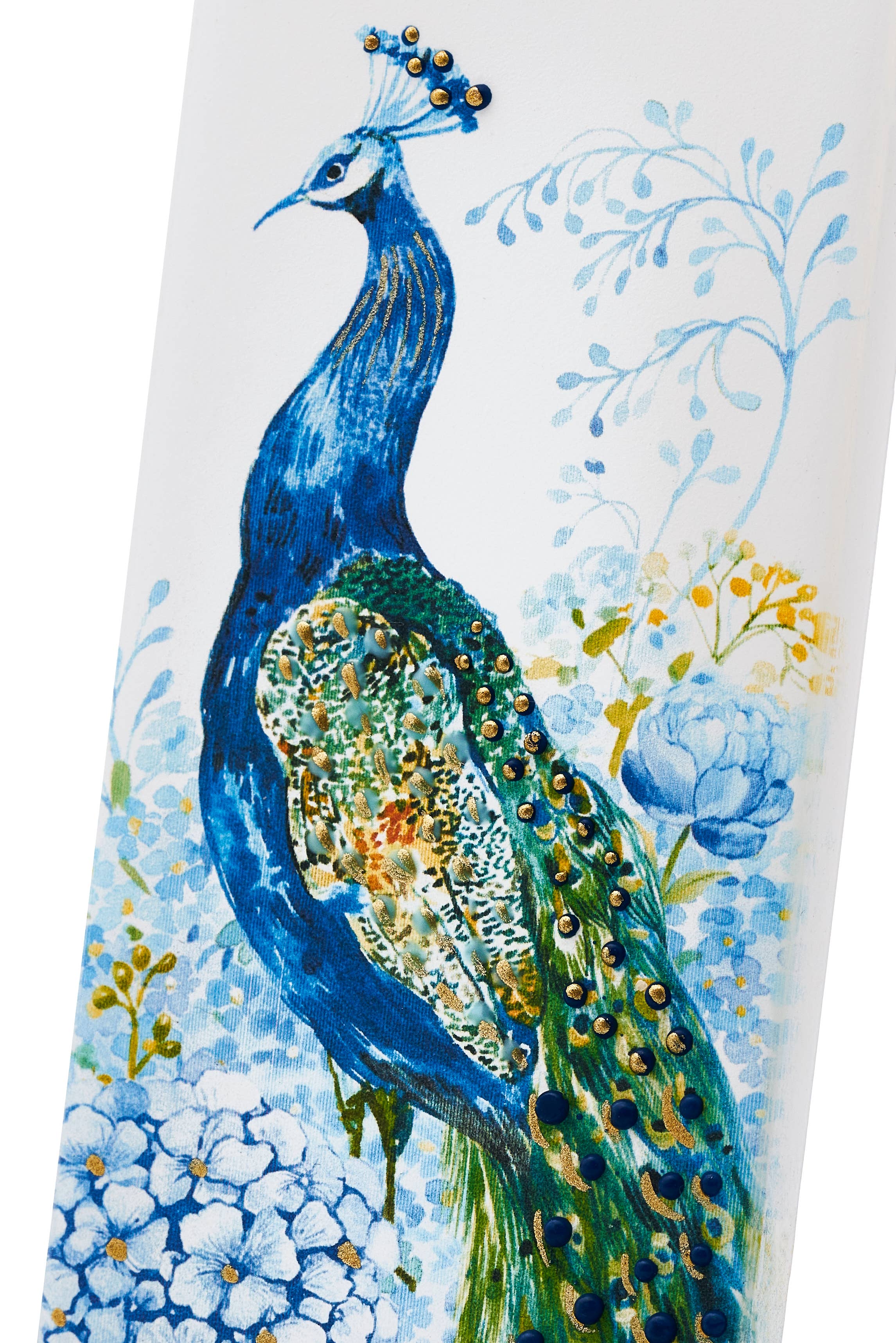 A detailed illustration of a blue peacock with blue and yellow floral patterns on a white background decorates the "Candle: Peacock in Flowers - Flat Candle," inspired by elegant hand-painted designs.