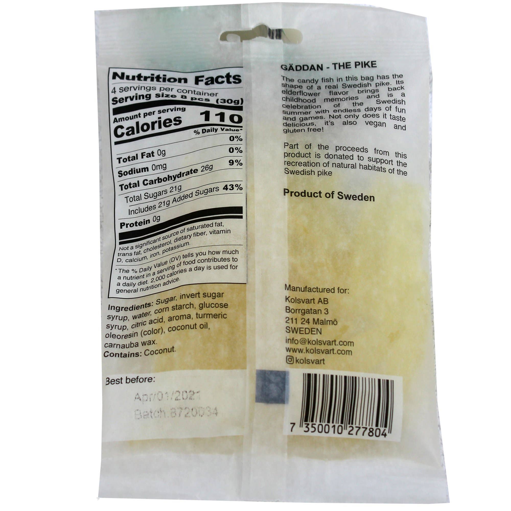 Back of the packaged snack called Candy: Kolsvart - Elderflower Pike Fish (120gm) 4.2 oz features nutrition facts, vegan confectionaries, elderflower candy as ingredients, expiration date, barcode, and proudly states its origin: Sweden.