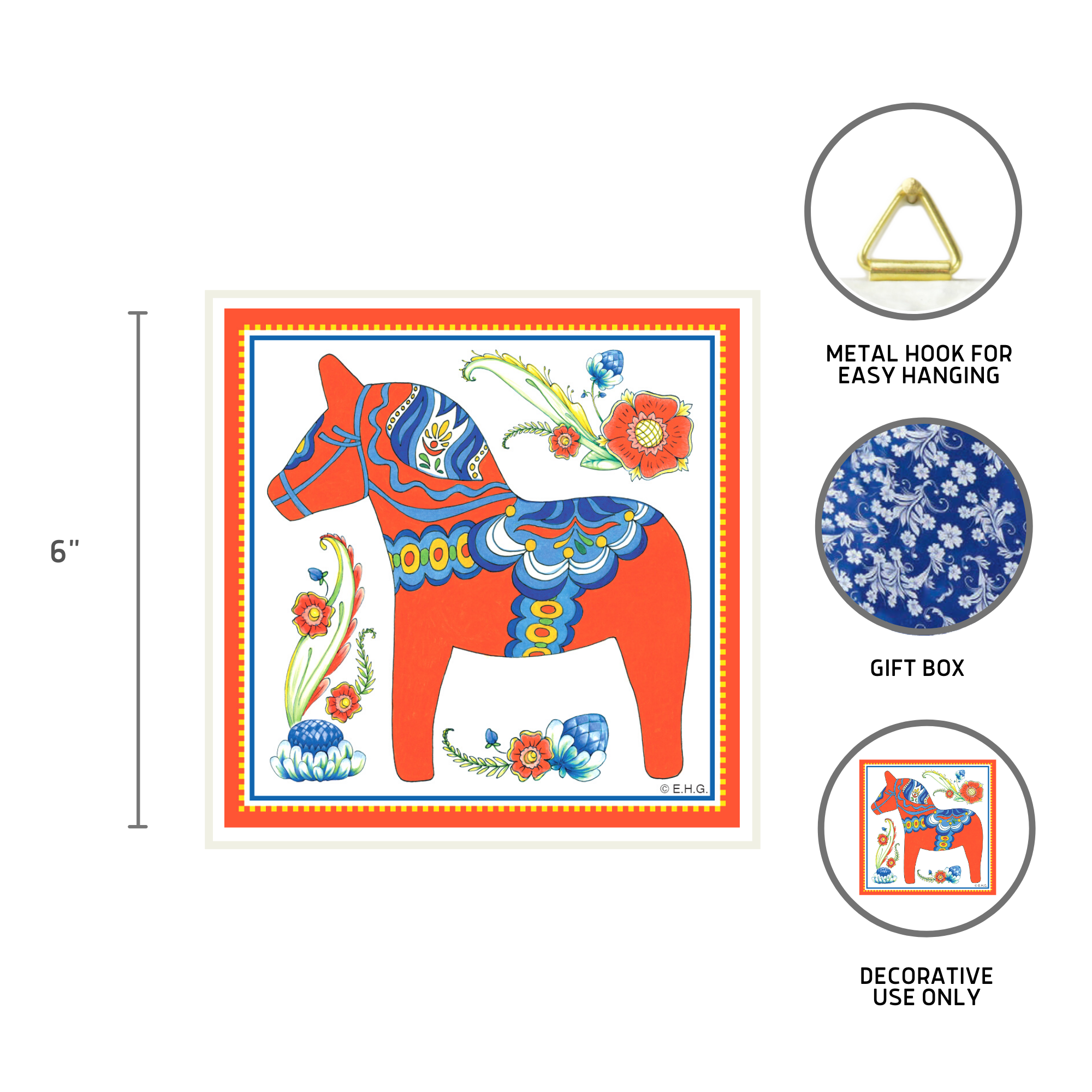 Tile: Red Swedish Dala Horse Wall Decor Tile 6x6 Square features a red Dala horse with Swedish Kurbits floral patterns; includes metal hook for hanging, gift box, and note: For decorative use only.