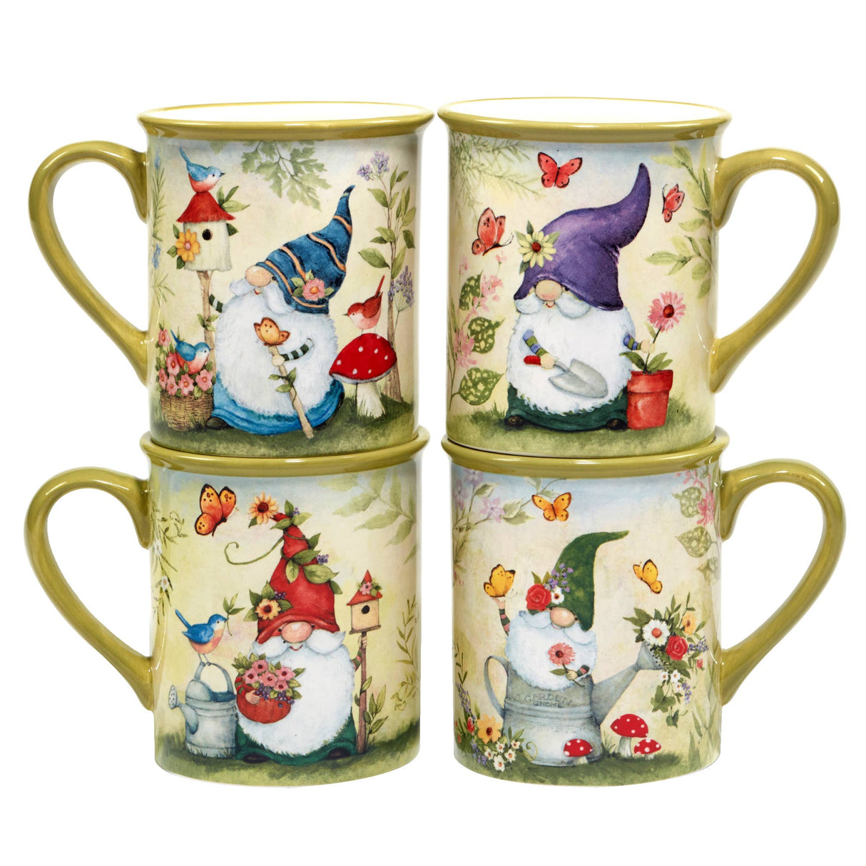The 14 oz Garden Gnome Mug is available in four colors and patterns, each featuring a unique gnome design with flowers, birds, and butterflies—a charming addition to any whimsical collection.