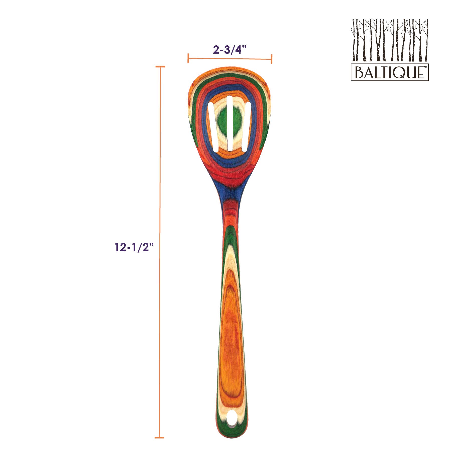 The Marrakesh Collection Slotted Wooden Cooking Spoon, sized 12-1/2 x 2-3/4, features colorful wood, is non-stick safe, and displays the Baltique logo in the top right corner for a vibrant, stylish look.