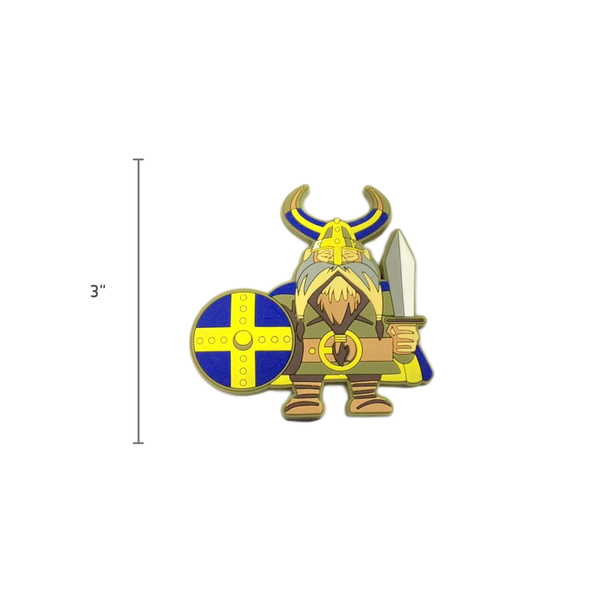 Add Nordic flair to your kitchen with the Magnet: Swedish Viking Scandinavian Kitchen Magnet, featuring a 3-inch Viking warrior with a horned helmet, yellow-blue shield, sword, and blue cape. Perfect for Scandinavian décor!.