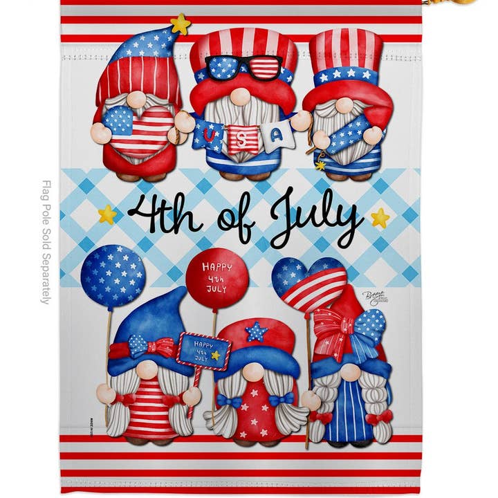 Flag features six July 4th gnomes in red, white, and blue Americana outfits with stars and stripes, holding balloons and Happy 4th July and USA signs, plus Independence Day text. Perfect July 4th Gnome Decor Flag!.