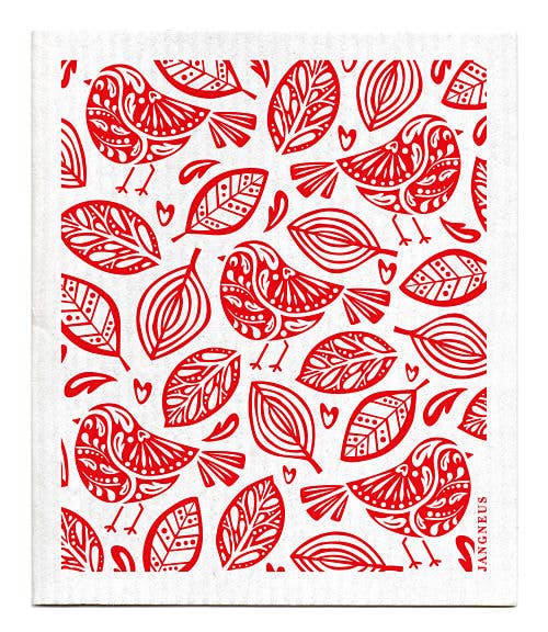 The biodegradable Dish Cloth: Robins - Red Swedish Dish Cloth features a red stylized birds and leaves pattern on a white background, adding Scandinavian charm to your kitchen.