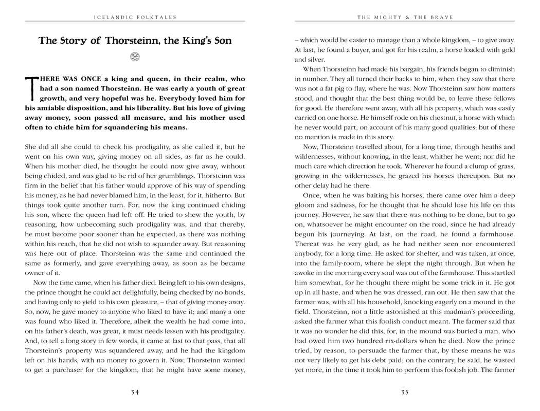 Two pages from Icelandic Folktales (UK Paperback, 256 pages) feature The Story of Thorstein, the King’s Son, with text in two columns per page and no images or illustrations.