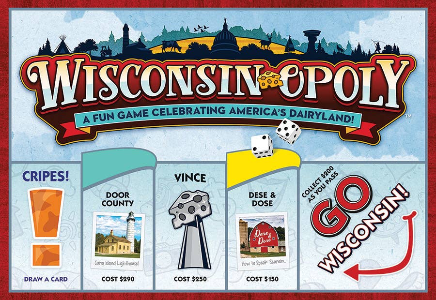 Board game cover for Game: Wisconsin-Opoly (state) Board Game featuring Dairyland charm with designated spots for game pieces, cards, and spaces, highlighting Door County and other iconic Wisconsin elements that every Cheesehead will enjoy.