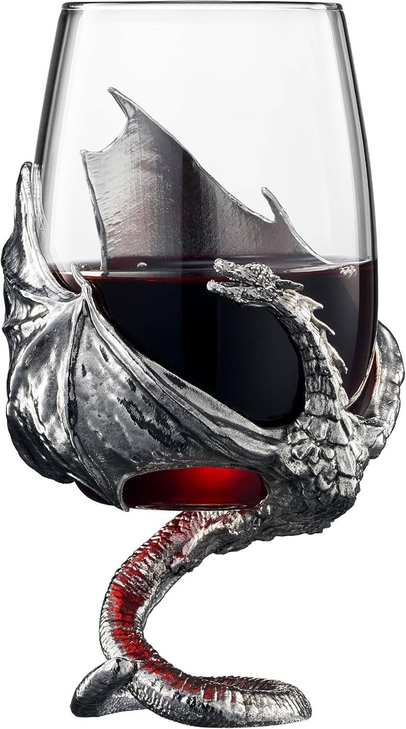The Wine Glass: Medieval Dragon Viking Goblet Mug (9oz) features a fantasy-inspired metal dragon wrapped around the glass, forming its stem—a bold piece of drinkware for any Medieval Dragon Goblet collection.