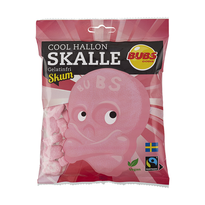 The BUBS Sour Raspberry Skulls (90g) pack showcases pink, skull-shaped raspberry candies that are vegan and gelatin-free. These treats, highlighted by the Swedish and Fairtrade certified logos, provide a delightful snacking option that prioritizes quality and ethical standards.