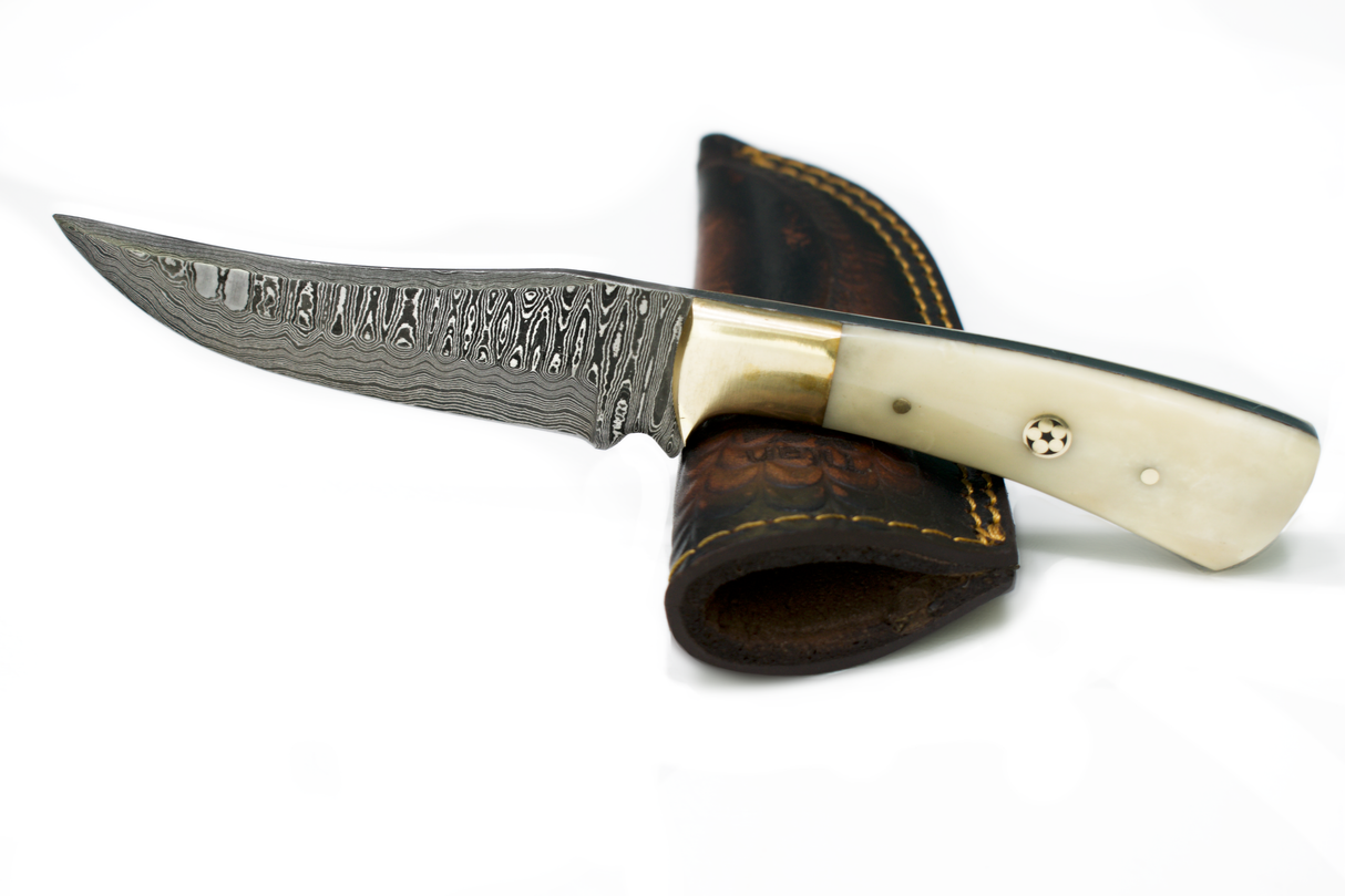 Knife: Damascus Steel Knife Blade with Camel Bone Handle Knife