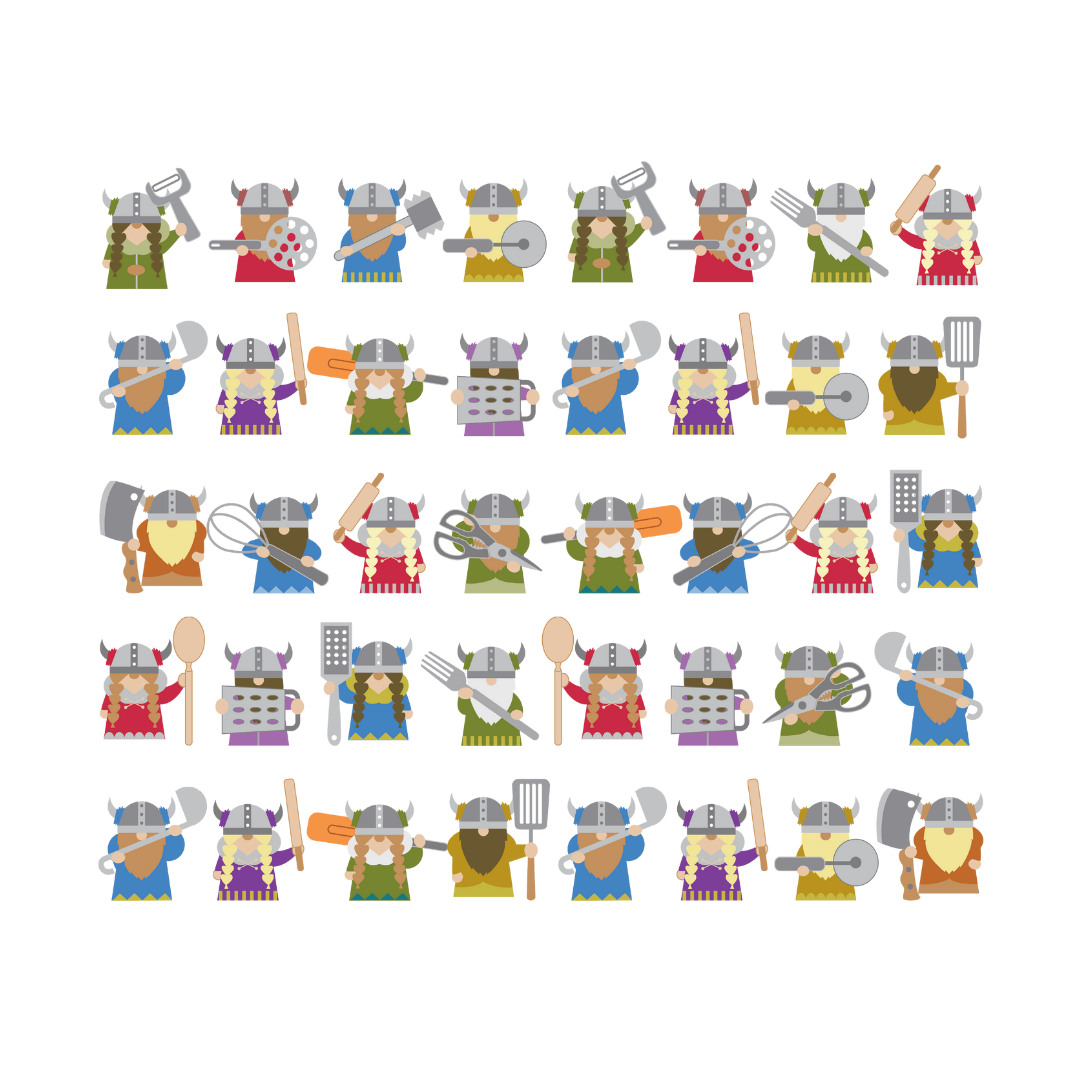 Cartoon vikings in rows hold kitchen utensils on a white background—ideal for fans of Cindy Lindgren Artwork and featured on the 20 oz. Tumbler: Kitchen Vikings Artwork by Cindy Lindgren: Straight Insulated Tumbler.