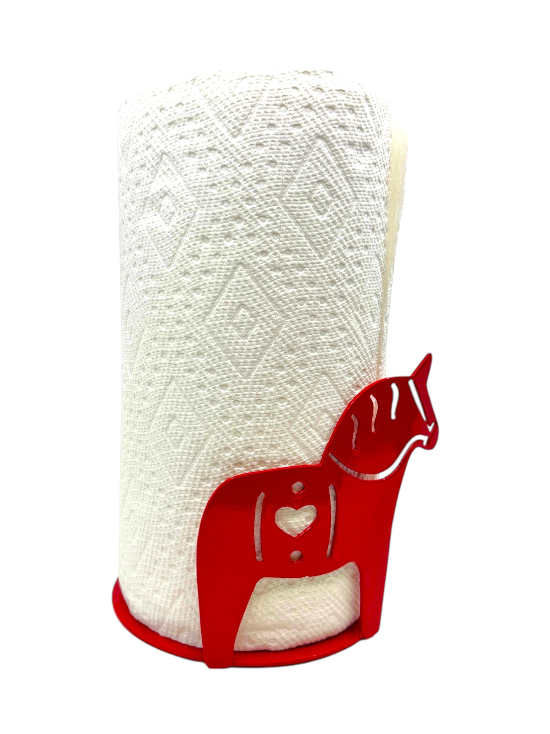 A roll of paper towels stands upright in the Red Dala Horse Paper Towel Holder, handcrafted from laser-cut metal and shaped like a stylized horse—perfect for adding Swedish charm to your kitchen decor.