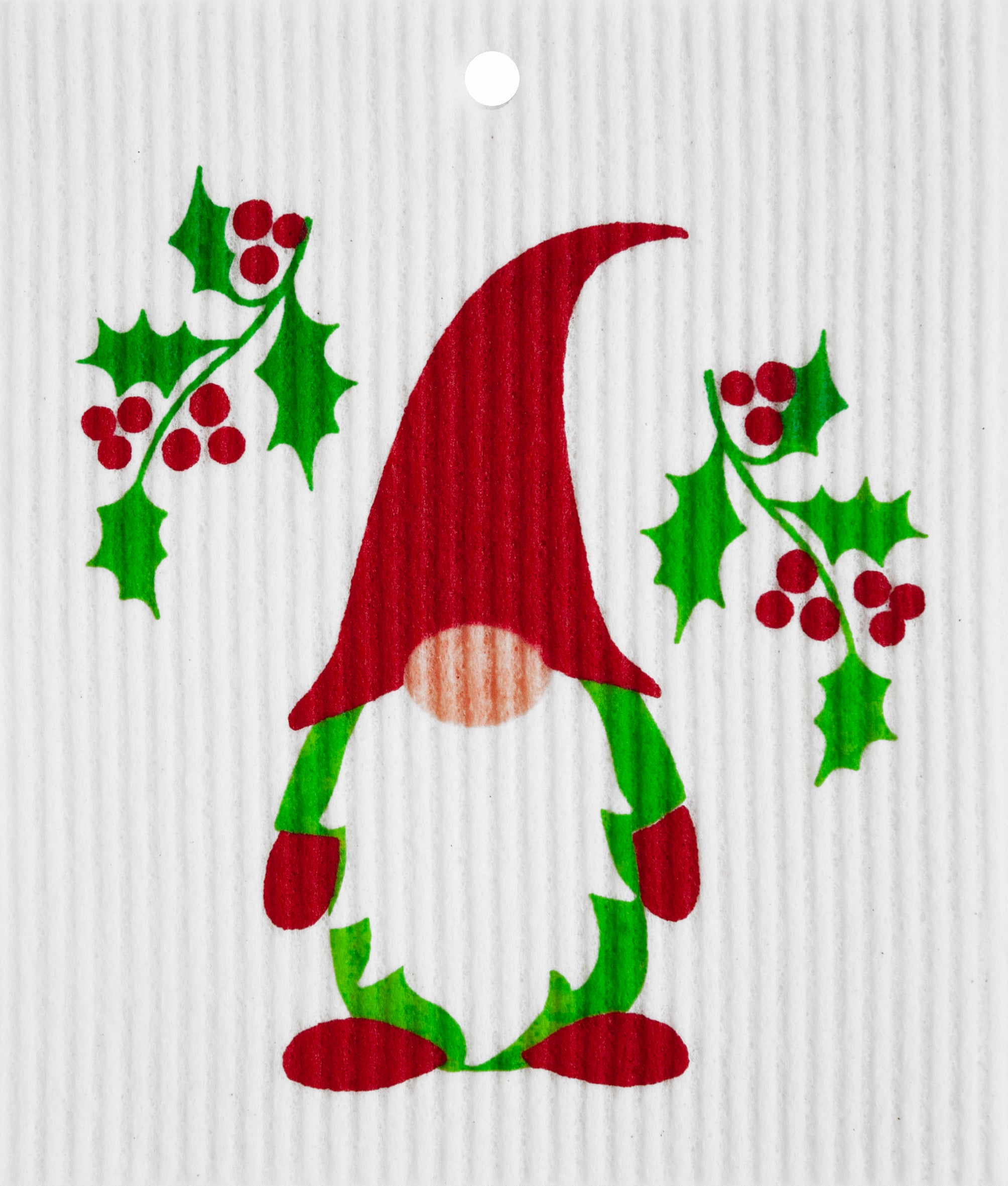 Dishcloth: Holly Gnome - Tomte features a whimsical gnome in red & green with holly, white beard, and tall red hat on a textured Swedish dishcloth—an eco-friendly choice for festive holiday cleanup.