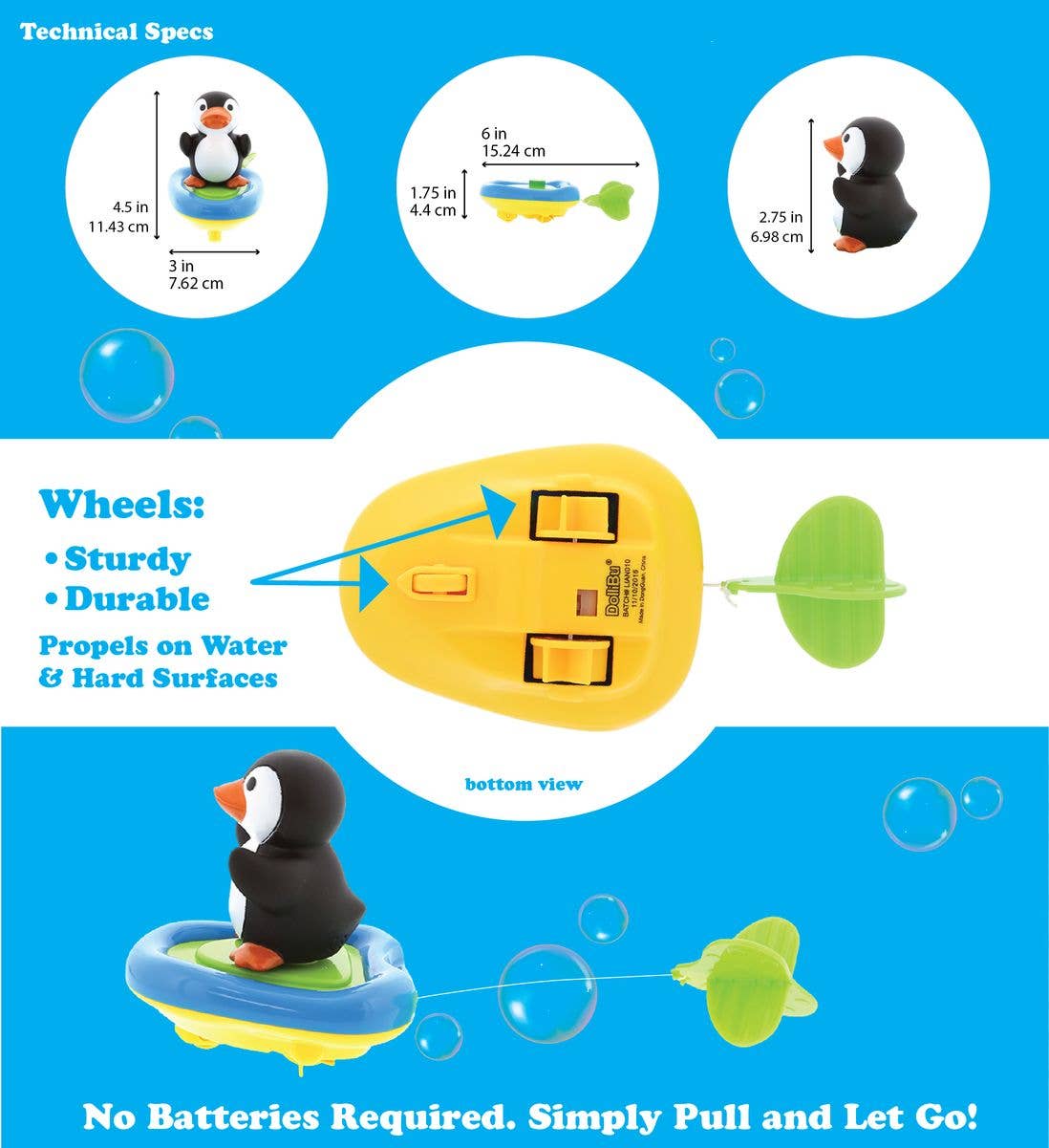 The Bath Toy: Penguin Boat Racers Buddy features a penguin on a green and blue raft with a yellow base, wheels, and a battery-free pull and go racer—making it an educational and fun water toy for kids.