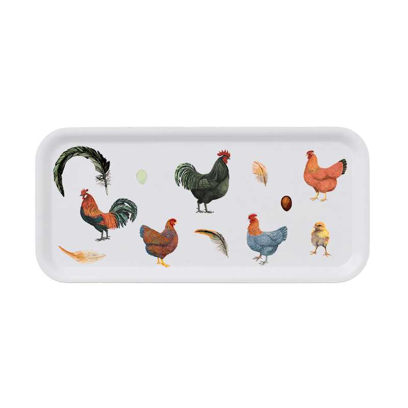 The Tray: Colorful Hens (Hons) on a 6 x 12-inch eco-friendly birch veneer features vibrant chicken, rooster, chick illustrations, feathers, and two eggs—one white and one brown.