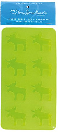Moose Shaped Silicone Tray for Ice & Chocolate: Food grade blue tray featuring 8 moose-shaped molds, excellent heat resistance. Comes in blue Scandinavia-labeled packaging.