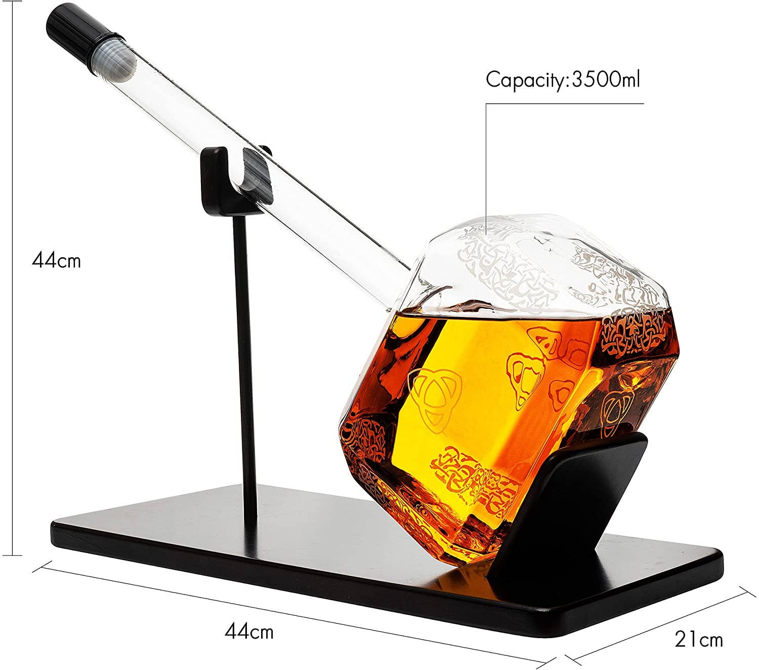 The Decanter: Thor Hammer Whiskey and Wine Decanter 3500ml features a geometric Viking design with a long neck, filled with amber liquid on a black stand. Its dimensions are 44 cm x 21 cm and it holds up to 3500 ml.