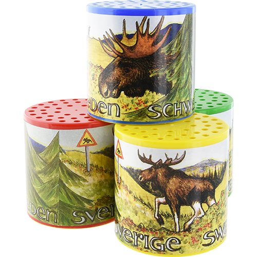 A trio of souvenir tins, labeled Toy: Moose Bellows, showcases moose and nature images with perforated lids in blue, red, and green.