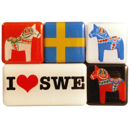 Magnet: I Love Sweden Dala Horse & Swedish Flag 5 Mini-Magnet Set