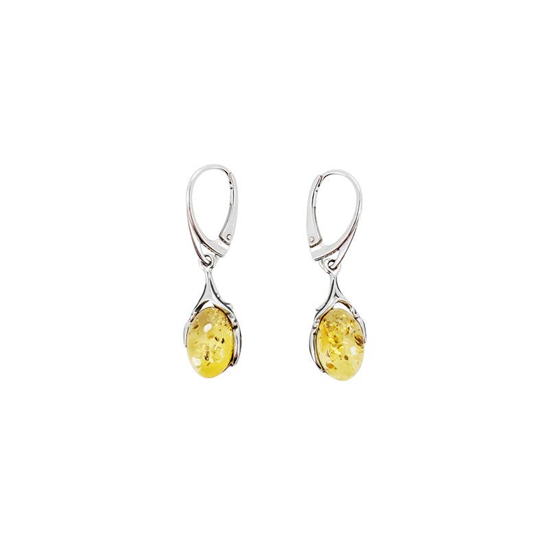 A pair of oval-shaped citrine amber sterling silver earrings on hooks showcases genuine Baltic amber stones in an intricate design.
