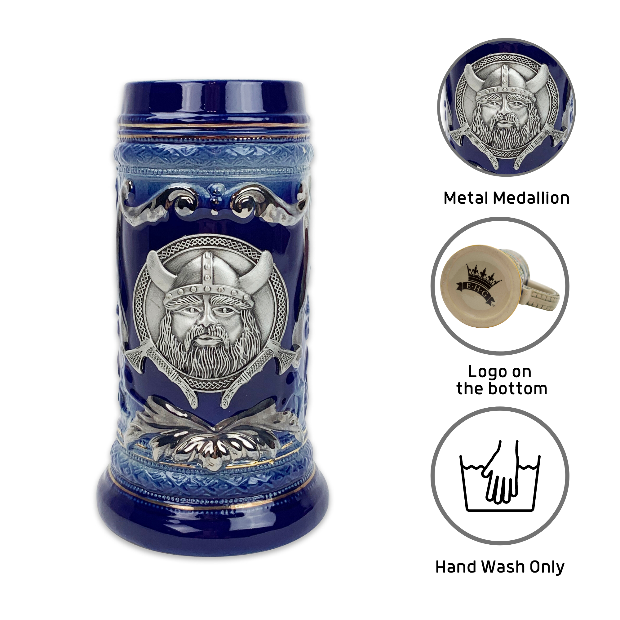 The Beer Stein: Blue Ceramic Beer Stein with Viking Metal Medallion Relief 20oz features an ornate design, sturdy handle, and a base logo. Circular icons detail the medallion, logo placement, and indicate hand wash only. Ideal for lovers of unique craftsmanship.