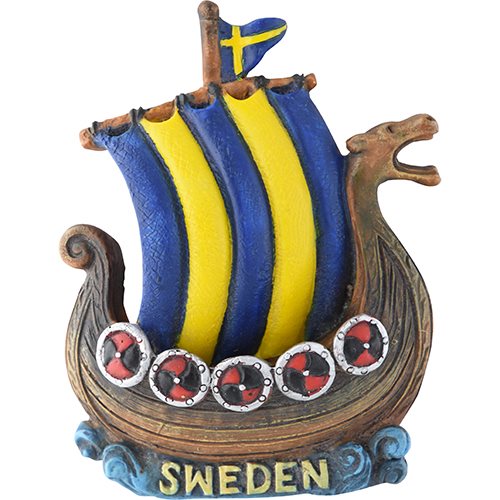 This charming magnet, named Sweden Viking Ship with Swedish Flag Colors, features a model of a Sweden Viking Ship with blue and yellow striped sails, adorned with a small Swedish flag and the word Sweden on its base.
