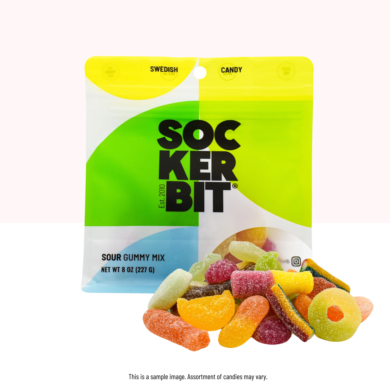 An 8 oz Candy: Sour Gummy Mix Swedish Candy Bag showcases assorted colorful gummies displayed in front of the package.