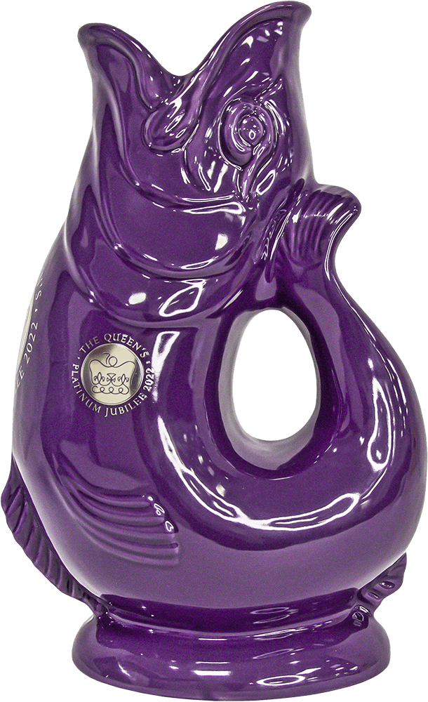 The Gluggle Jug: Limited Edition Queens Jubilee Gluggle Jug Extra Large is a glossy purple, fish-shaped ceramic pitcher featuring a Platinum Jubilee 2022 crest—an eye-catching collectible for the Queen’s Jubilee.