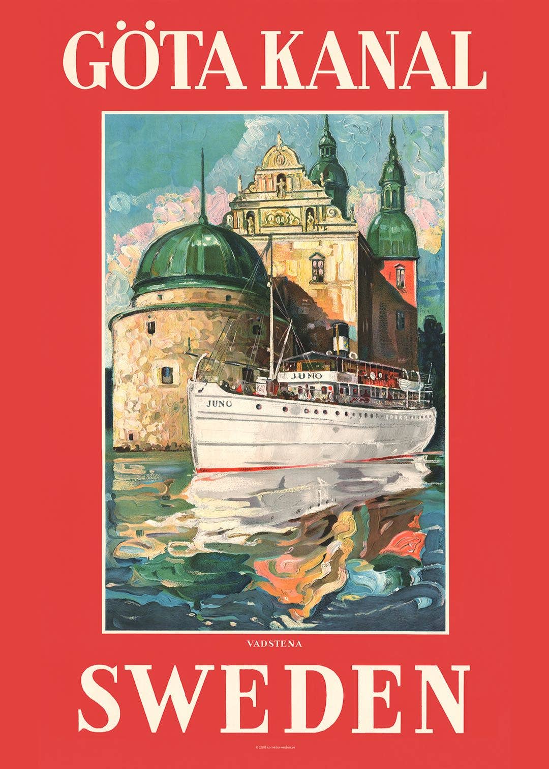 The Scandinavia Travel Poster of Göta Kanal Vadstena features the boat Juno sailing past domed towers. Set against a vibrant red background, this 50 x 70 cm artwork is printed on high-quality matte paper, capturing every nostalgic detail.