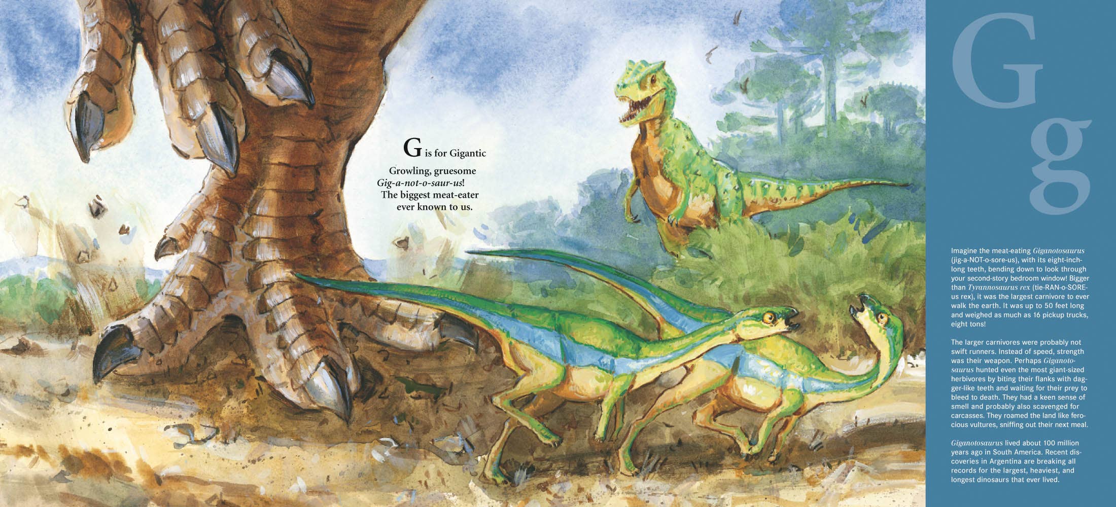 In a forest, a big dinosaurs legs loom as smaller green ones hurry past. This enchanting picture book explores the letter G and dinosaurs, reminiscent of prehistoric life. Its D is for Dinosaur: A Prehistoric Alphabet by Todd Chapman & Lita Judge.