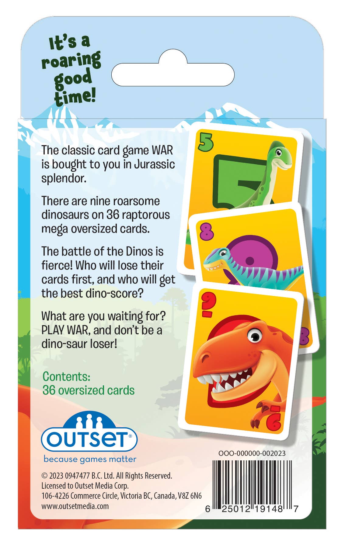 Explore the exhilarating Playing Cards: Dinosaur War Card Game, featuring vibrant dinosaur illustrations on oversized cards numbered 5, 8, and 10. Engage in a dino battle with 36 massive cards and experience a prehistoric WAR adventure!.