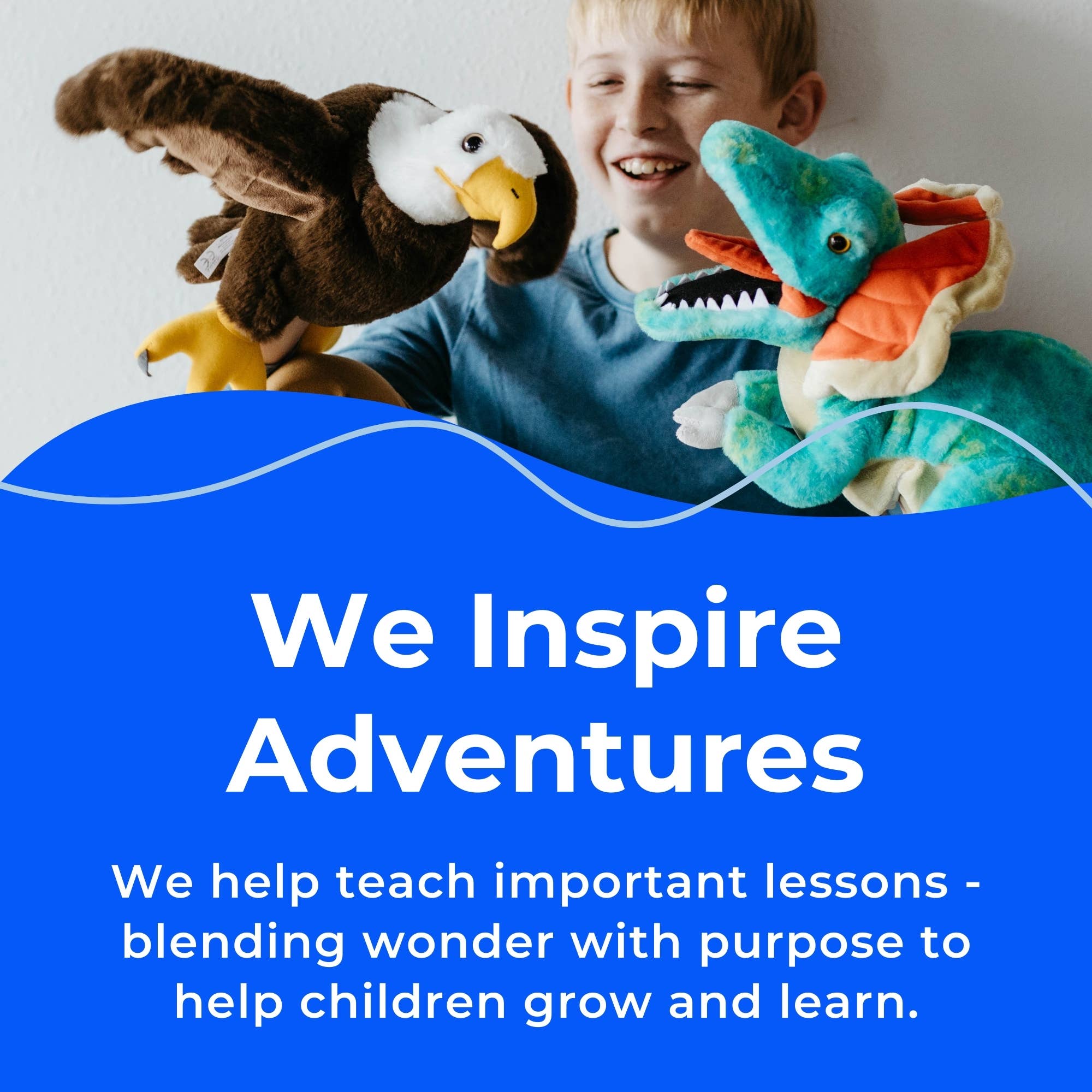 A smiling child holds eagle and dinosaur puppets above We Inspire Adventures, with the Plush: German Shepherd Dog 12 Tall Stuffed Animal by their side, teaching important lessons that help children learn.