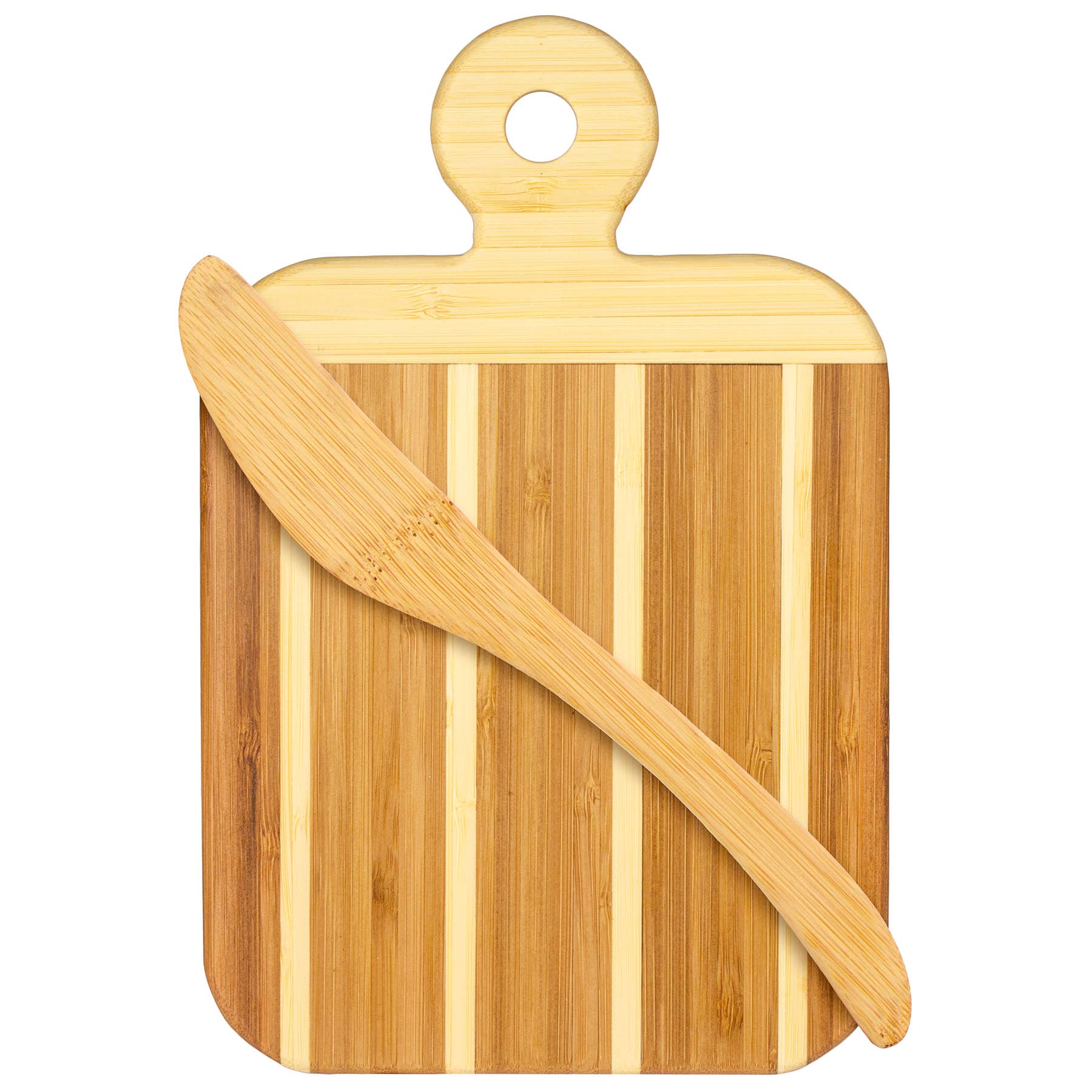 The Striped Paddle Serving and Cutting Board from our gift set, crafted with alternating light and dark stripes, features a convenient hole at the top edge. A wooden spreader knife rests diagonally across this versatile piece, making it perfect for both preparing and elegantly presenting your culinary creations.