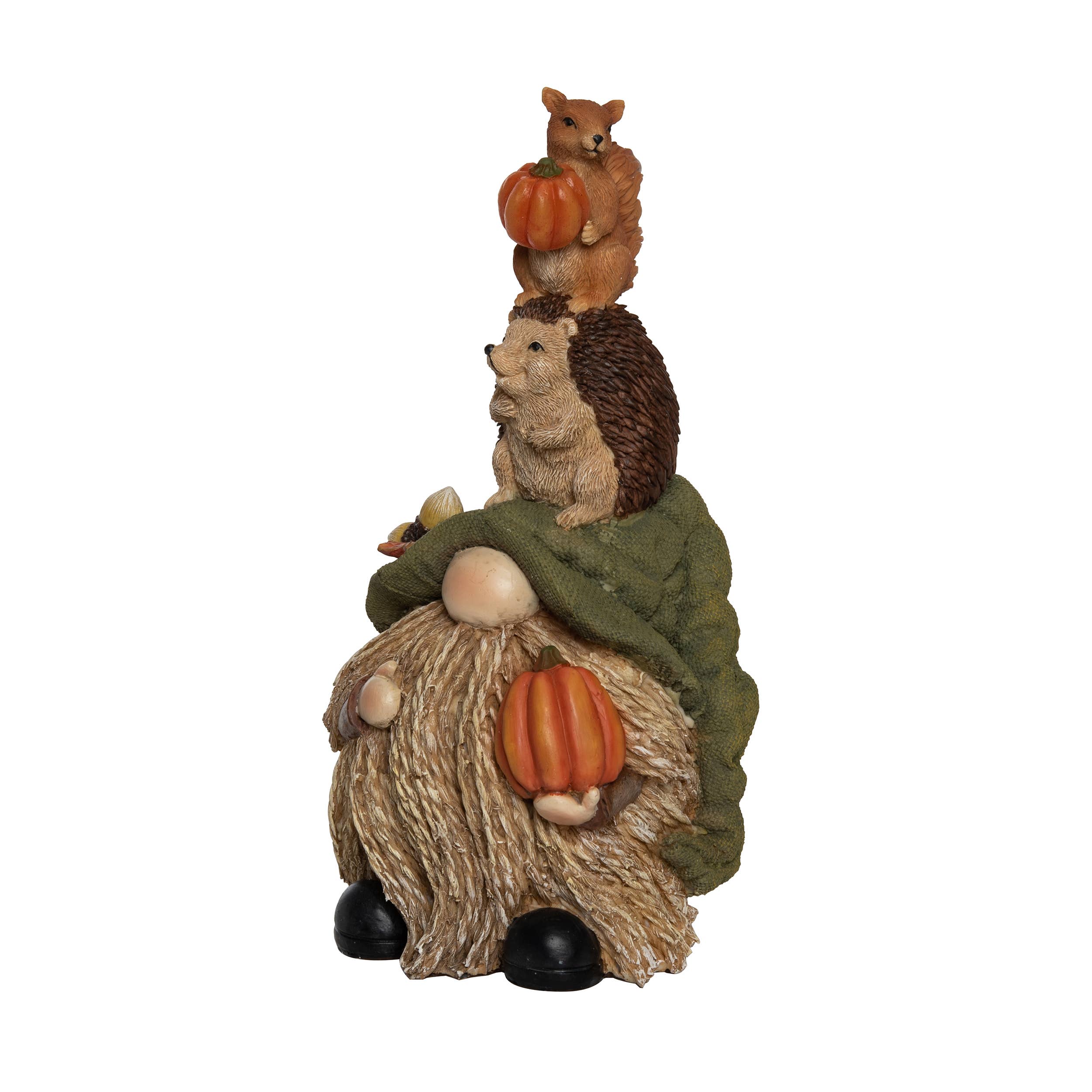 The Gnome: Light Up Braided Beard Woodland Gnome Friends Decor with Hedgehog & Squirrel, 11 tall, features a gnome holding a pumpkin, with his hedgehog and squirrel friends stacked above, each with pumpkins, on a white background.