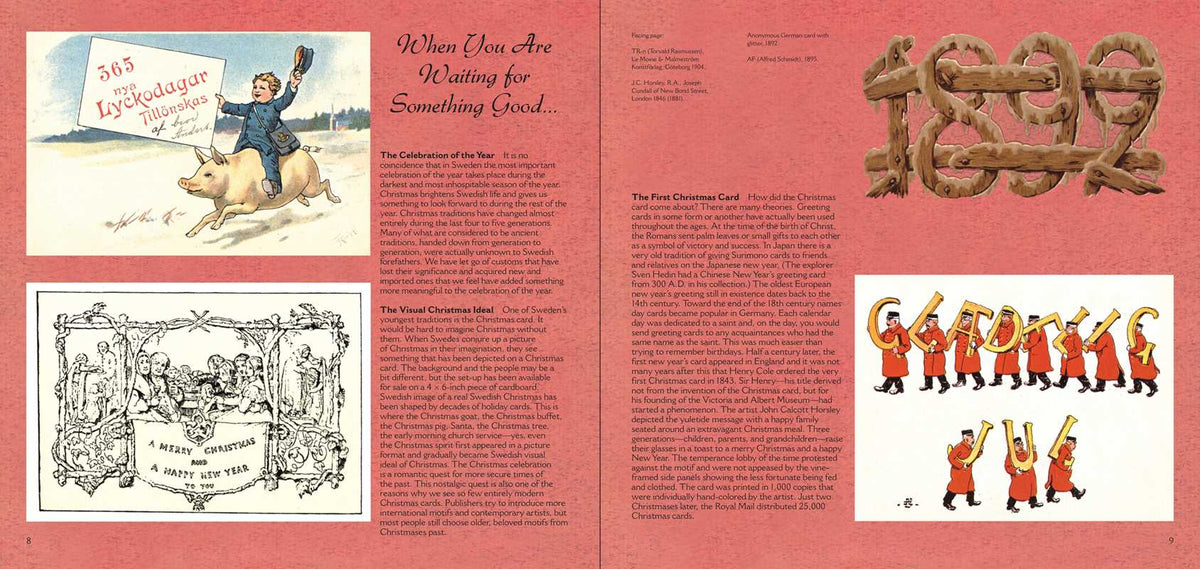 Pink scrapbook page featuring vintage Christmas postcards, text blocks on Swedish Christmas traditions, and large “1892” letters resembling bread or dough.