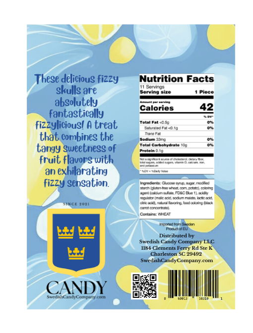 Back of Candy: Fizzy Skulls Swedish Gummy Candy 85g (3.0 oz) package featuring nutrition facts, ingredients, product description, Swedish flag symbol, and company contact info on a blue and yellow abstract background.