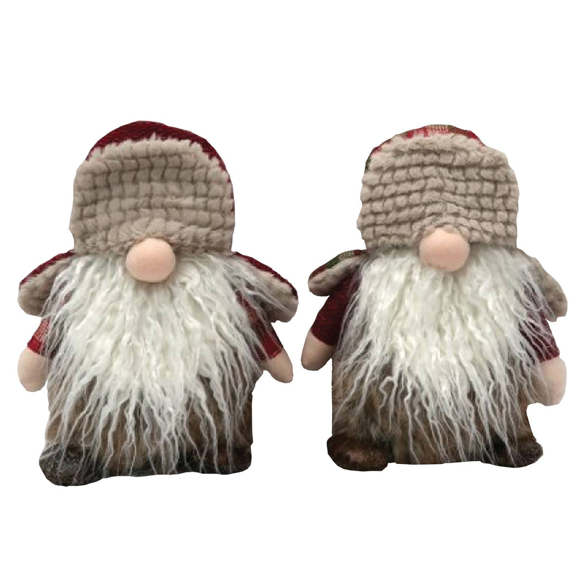 Two plush Scandinavian gnome dolls with long white beards, round pink noses, brown hats, and red sleeves.