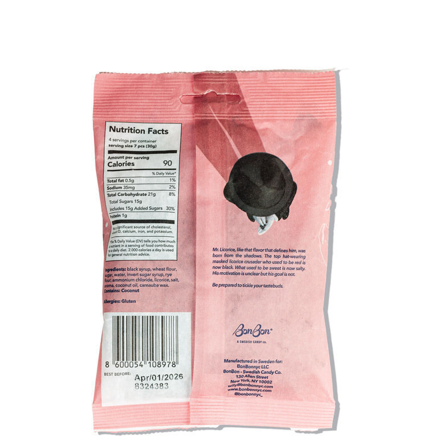 Back of a pink BonBon Salty Licorice Twists (120g/4.2oz) package featuring nutrition facts, barcode, ingredients list, a black licorice illustration, and a brief product description.