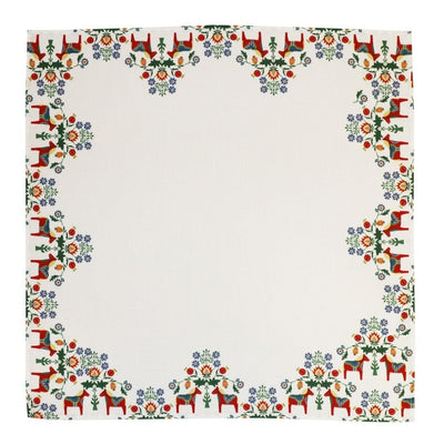 The Leksand Dala Horse and Kurbits Tablecloth is a square white tablecloth with a decorative border of red Dala horses and colorful floral patterns in green, blue, yellow, and orange.