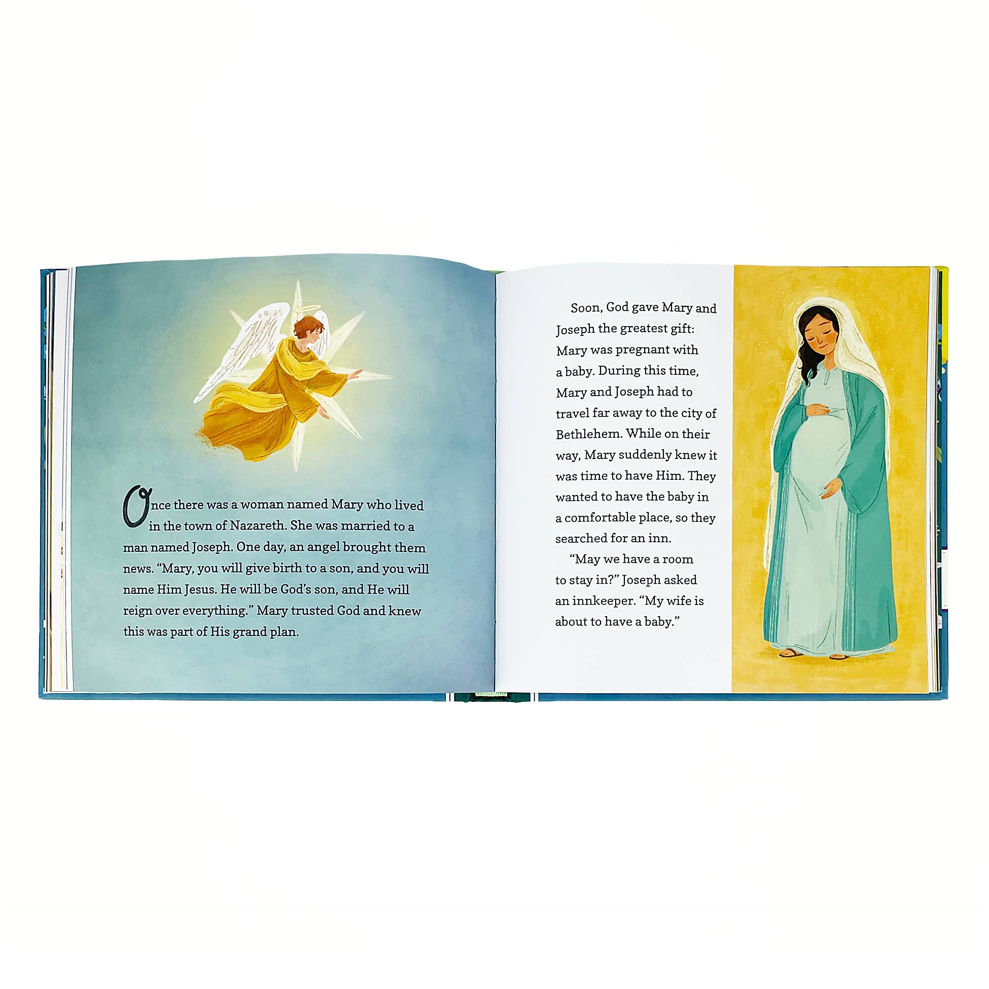 An open children's book, "Book: Good Night God, Bedtime Bible Stories," shows an angel with Mary on the left and a smiling, pregnant Mary on the right—perfect as a baby's first bible or a thoughtful christening gift.
