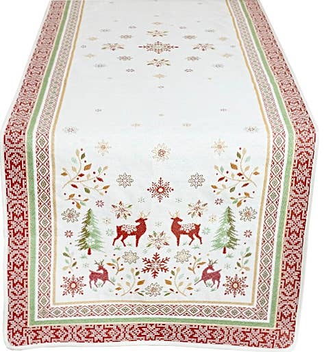 The Reindeer, Holly, & Snowflake Holiday Table Runner is a 20 x 60 woven European-style jacquard runner featuring festive reindeer and snowflake patterns for a charming Christmas or winter look.
